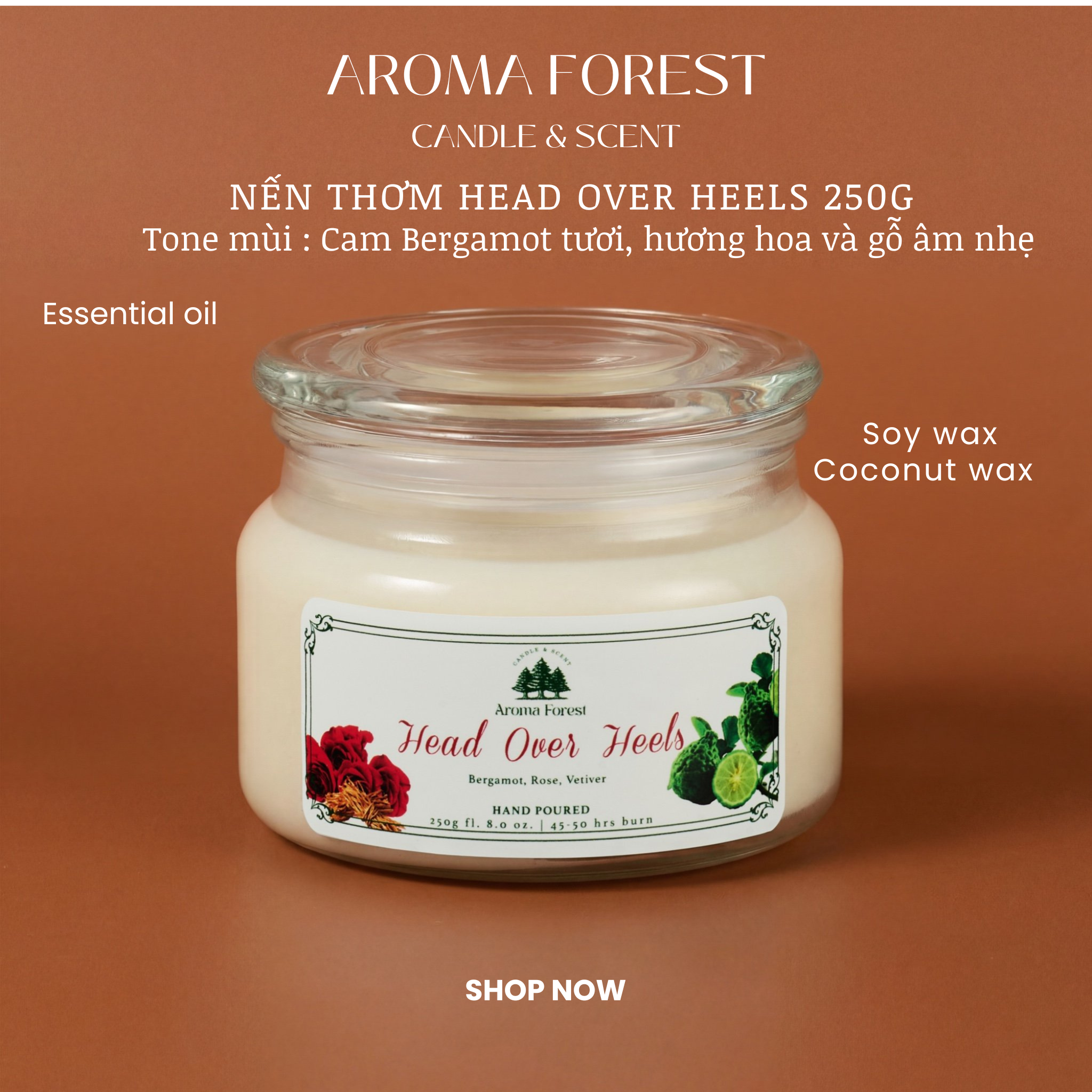 Nến thơm AROMA FOREST Forest Head over heels - Hương cam bergamot tươi, hương hoa và gỗ ấm nhẹ 